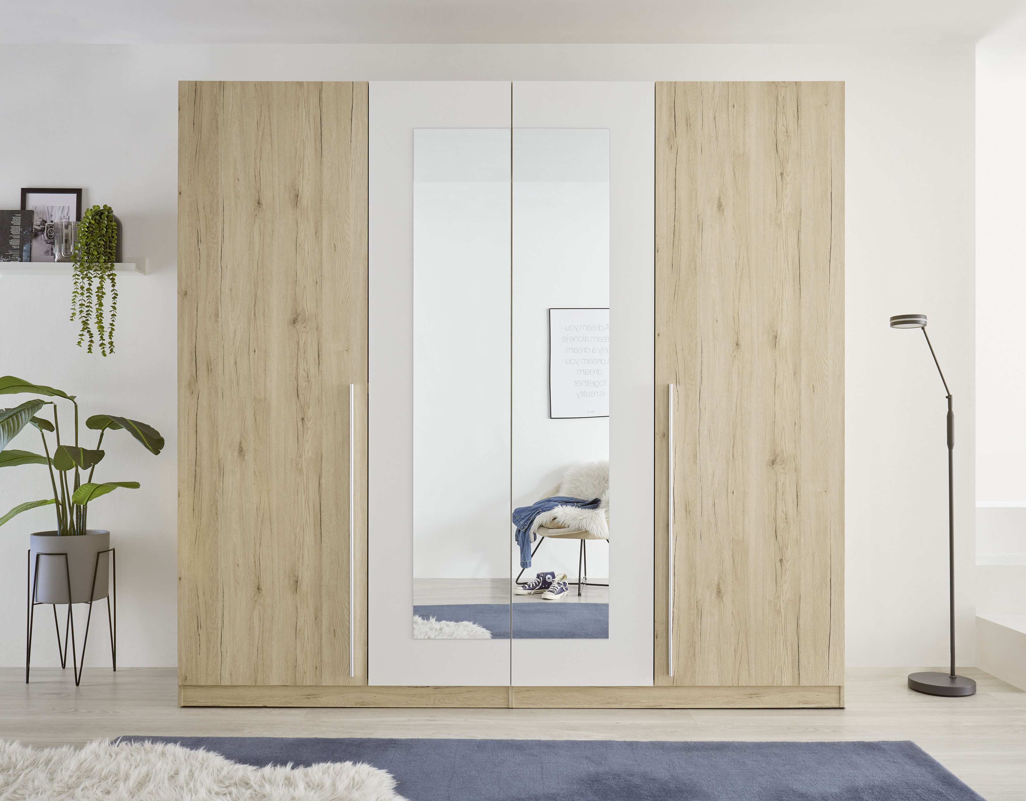 Drehtürenschrank SCHLAFKONTOR "Cano Kleiderschrank, Drehtürenschrank", weiss (eiche san remo hell, weiß, spiegel), B:228cm H:213cm T:62cm, Melamin, Schränke, Drehtürenschrank, Spiegeltüren eiche san remo hell, weiß, spiegel B/H/T: 228cm x 213cm x 62cm, Tü