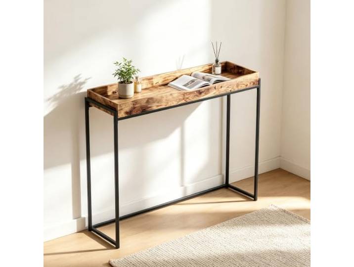 CUXAHO Konsolentisch Schmal im Landhausstil Sofer Nebentisch Flurtisch Aus Massivholz und Metall mit Tray Top Rand, für Eingangsbereich und Wohnzimmer, Einfache Montage(Brown,100x25cm)