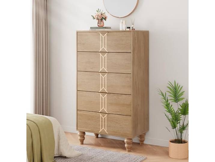 LuxFocus 5 Schubladen Kommode Vintage Eiche Holzoptik Geräumige Aufbewahrungskommode mit robuster Holzkonstruktion für Schlafzimmer, Wohnzimmer und moderne Wohnbereiche