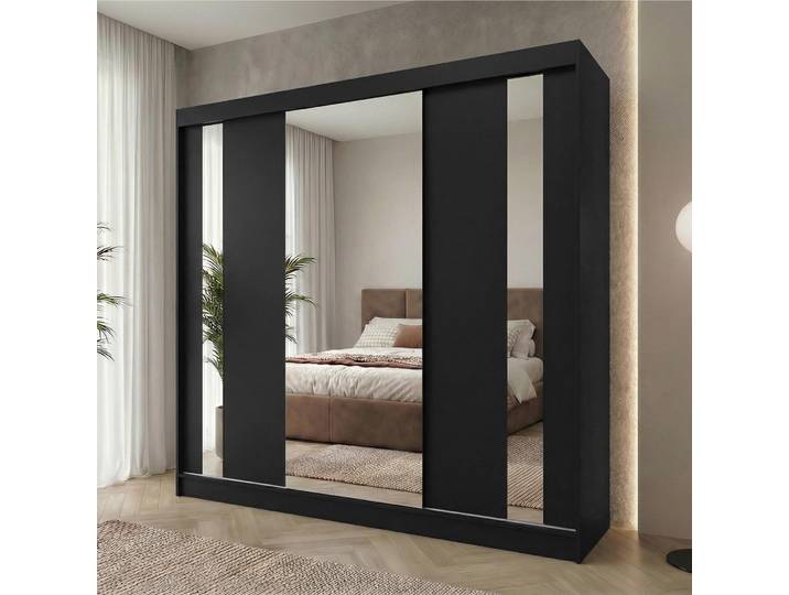 Armoire suspendue Beautysofa GAJA\, 240 cm\, armoire de chambre à coucher avec miroir\, 3 portes\, noire/noire\, avec trois tiroirs intégrés