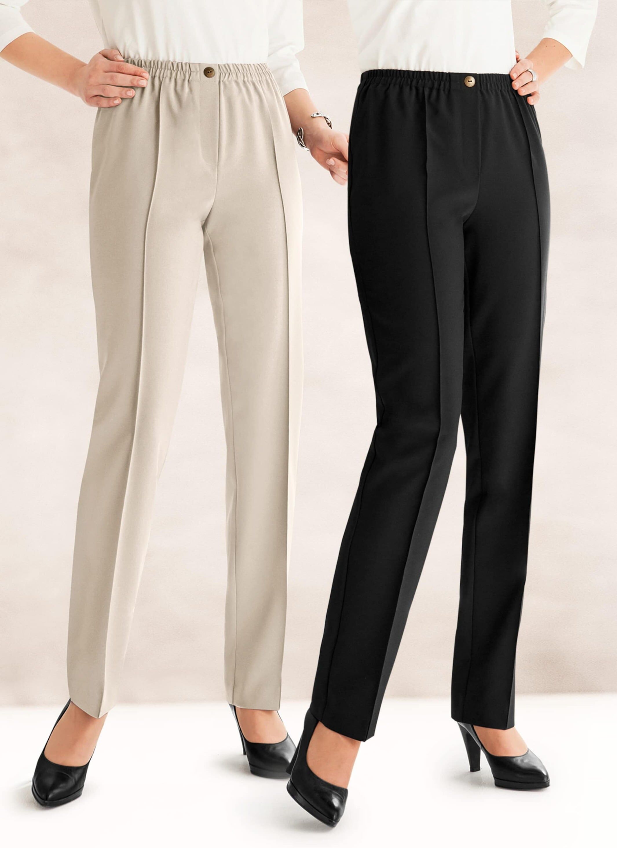 Schlupfhose GOLDNER "Stretchhosen mit elastischem Bund", Damen, Gr. 44, N-Gr, schwarz (sand, schwarz), Obermaterial: 100% Polyester COOLMAX(R) PES(Coolmax)., normal, Hosen Schlupfhose, Ohne