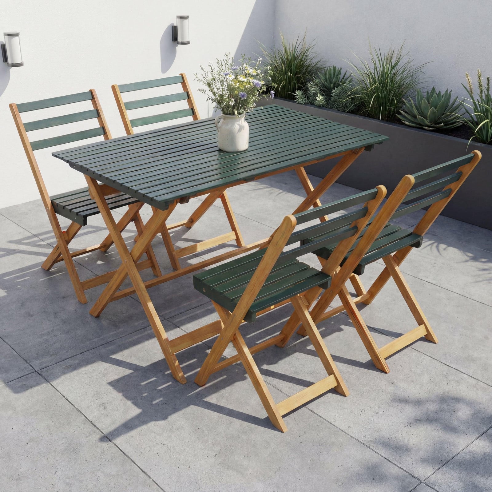 Mendler Garnitur HWC-P72 Tuinmeubelset met 4 stoelen en tafel, Acaciahout, Natuurlijk Groen, Inklapbaar