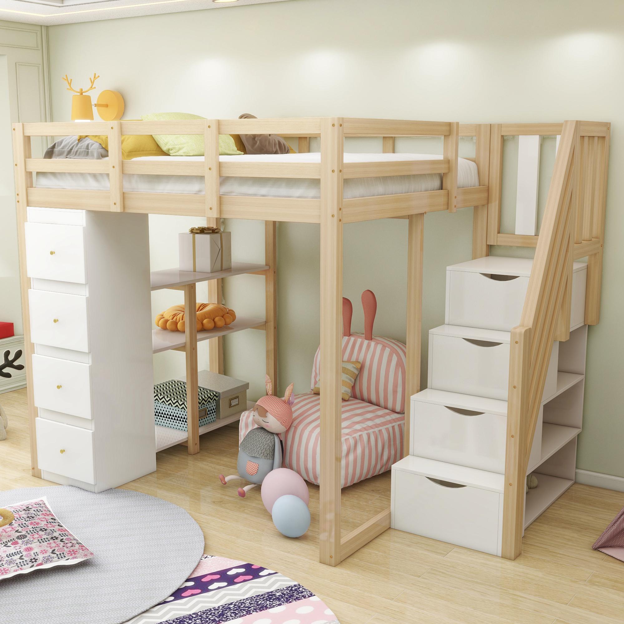 Fortuna Lai Hochbett 140*200cm mit Aufbewahrungsschublade Kommode mit Regalen, Sicherheits-Kletterleiter mit Aufbewahrungsschubladen, Multifunktionales Massivholzbett Holzfarbe Die alte SKU lautet LDB00278AAN