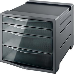 Esselte Schubladenbox 28453, VIVIDA, A4, 4 Fächer, Kunststoff, geschlossen, grau transparent / schwarz