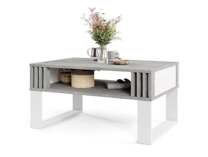Viosimc Moderner Couchtisch mit Holzdekor-Lamellen, Rechteckiger Wohnzimmertisch mit Regal und Dekorativen Lamellen, Eleganter Zentraler Tisch für Wohnzimmer im Zeitgenössischen Design
