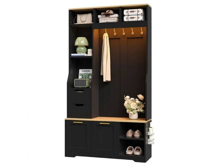 Meuble d'entrée avec banc Vestiaire d'entrée noir Porte-manteau LED APP 100x32x186cm