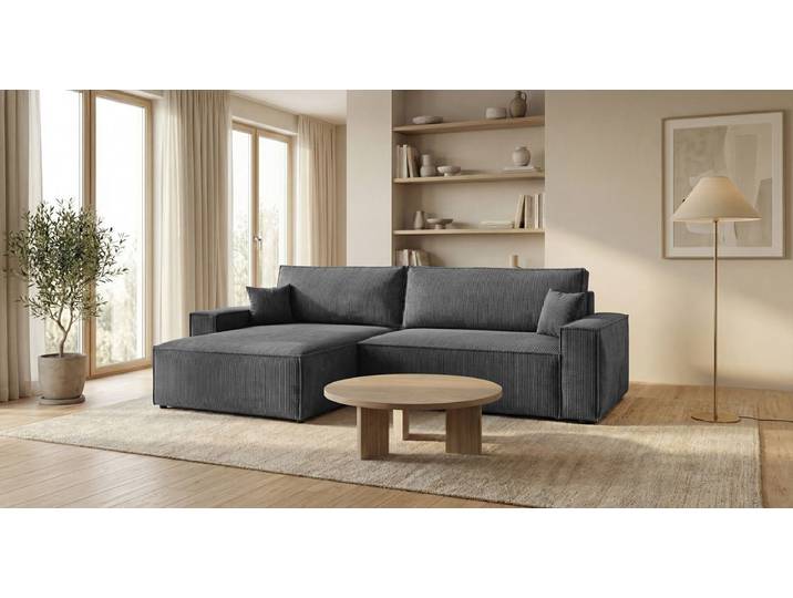 Designer Ecksofa Vienna mit Schlaf- und Klappfunktion in Cord - Cord - Grau - Links - Luxusbetten24