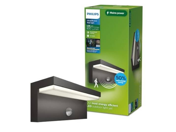 Philips Outdoor Ultra-Efficient Bustan Wandleuchte 3.8W, Bewegungssensor, 2700K warmweißes Licht, IP44 wetterfest, anthrazit