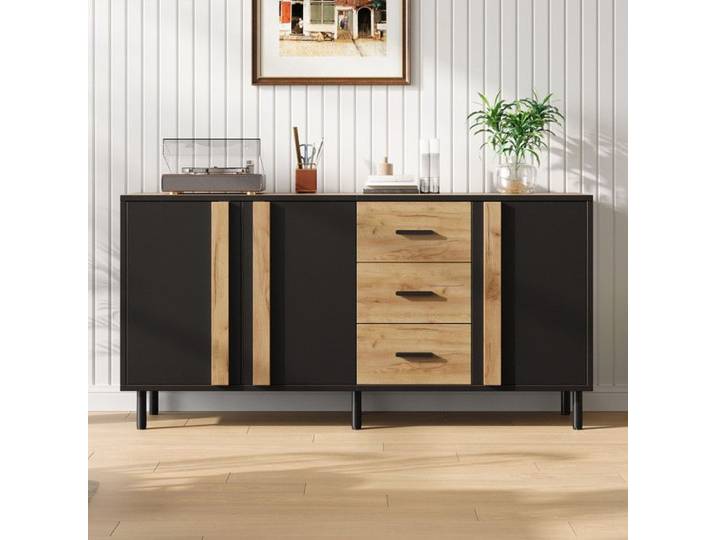 Piaenon - Buffet bas 140x35x70cm avec 3 Portes 3 Tiroirs 20kg Pieds Métal Design Moderne Salon/Entrée - Noir