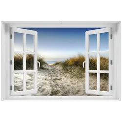 Wallario Gartenposter ca. 100 x 150 cm mit Fenster-Illusion Weg durch die Dünen zum Strand am Meer