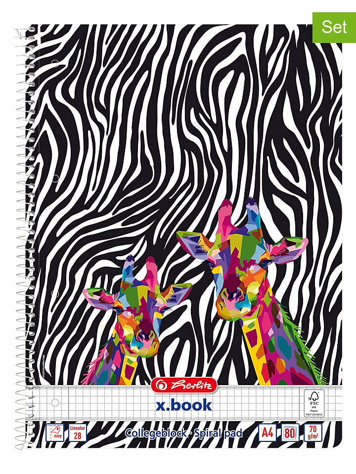 Herlitz 2er-Set: Collegeblöcke ''Wild Neon A4/80 Lin.28'' in Schwarz/ Weiß - onesize