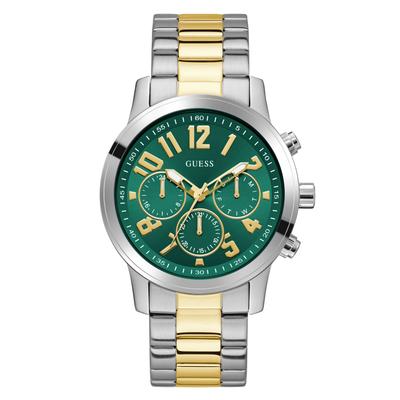 Quarzuhr GUESS "PARKER", grün (silbergoldfarben), Armbanduhren, Herren, Quarzuhr, Armbanduhr, Herrenuhr, Edelstahlarmband, analog, Wochentag, Tag