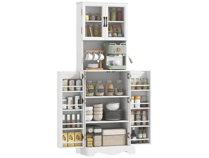 ComfortXL Mehrzweckschrank De-11293 4 Türen & 8 Gewürzregale mit Arbeitsplatte Weiß, 39.5x179.6x60 cm, Waschküche, Mehrzweckschränke