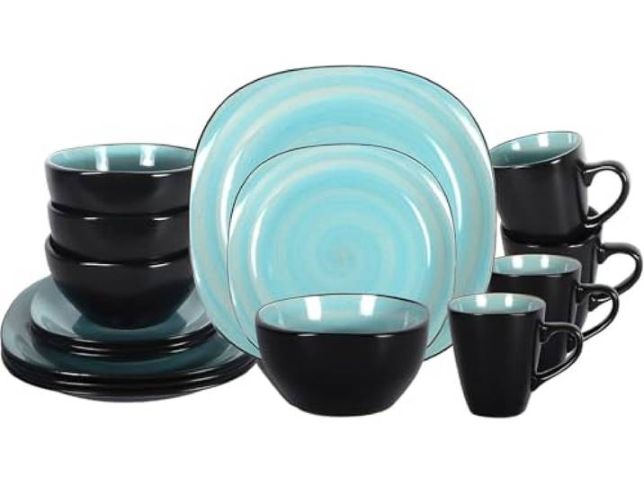 HomeVss Sonoma 16-teiliges Steingut-Essgeschirr-Set, außen schwarz mit schwarzen Sprenkeln (Quadrat blau)