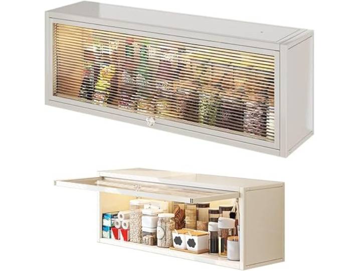 Küchengewürzregal, Wandmontierter Lagerschrank, Großraum-Küchengeschirr-Lagerschrank, staubdicht, stanzfrei, mit durchscheinender Klapptür, Küchenbesteckschrank White,50