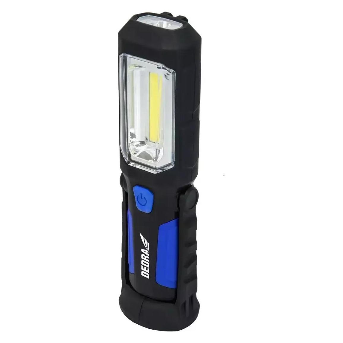 Dedra Wiederaufladbare Akku-Taschenlampe 3W COB LED+1W LED, USB 230 V und 12 V Netzteil (250 lm) (L1022)