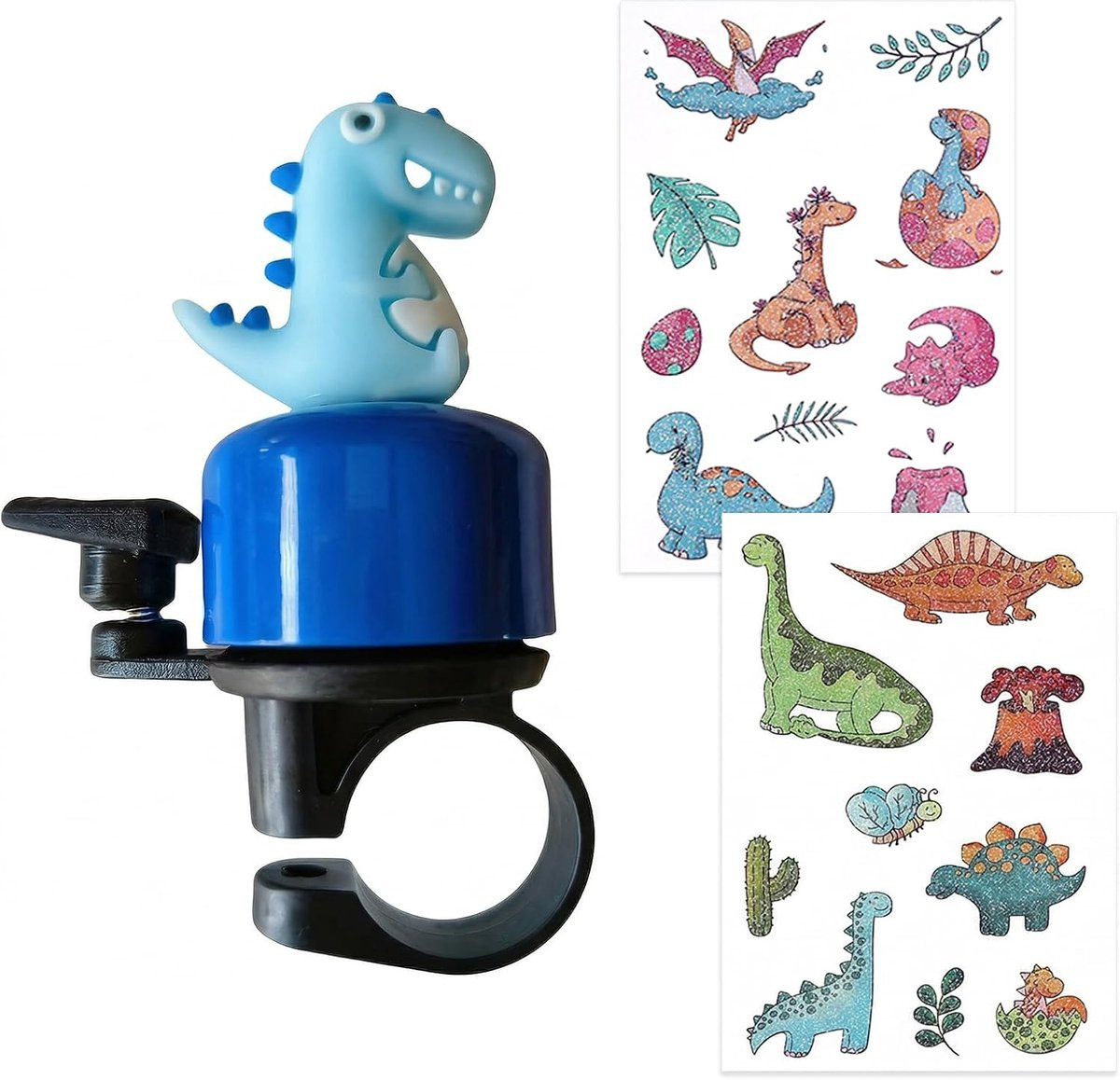 Design dinosaurus bel met glitterstickers en tatoeages voor fiets, scooter of driewieler