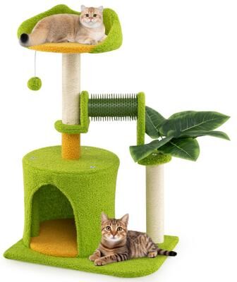 Costway Cute Palm Cat Tree for Indoor Cats with Artificial Leaves-Green