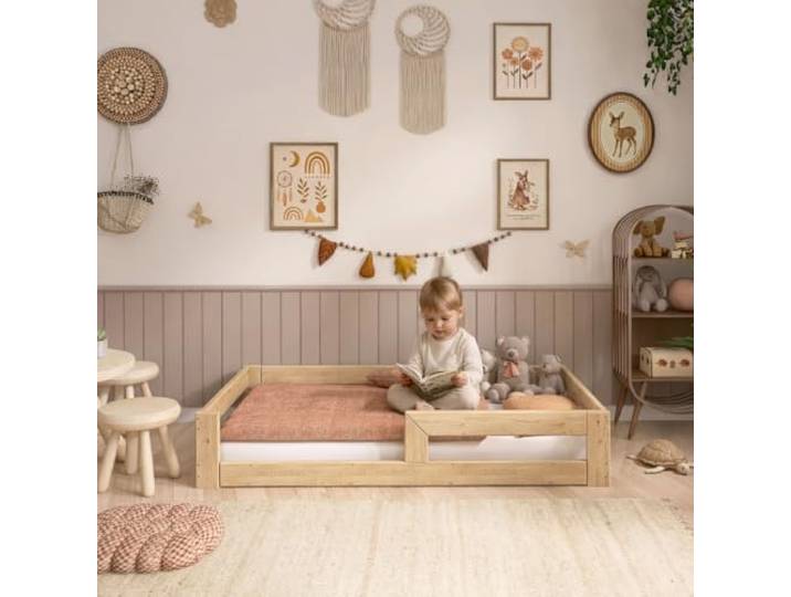 Need Sleep Montessori Bett Kinder Bodenbett 80x160 cm mit Rausfallschutz Lattenrost Kinderbett am Boden Niedrig Kids Floor Bed Bodentief aus Holz Mädchen Junge