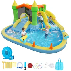VEVOR Aufblasbare Wasserhüpfburg (382 x 398 x 197 cm), Hüpfburg mit Wasserrutsche & Hüpfburgelementen & Basketball & Planschbecken & Wasserringwurfspiel, für 3–4 Kinder (3 bis 8 Jahre Alt)