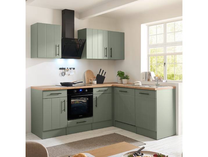 Cuisine d’angle Anton 220cm Vert/Vert roseau Induction Avec électroménager