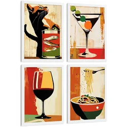 POSTER 4er Set Küchen-Wandbilder Vintage Katze Sardinen Martini Wein und Pasta Retro Esszimmer Bar Deko Weißer Rahmen A4