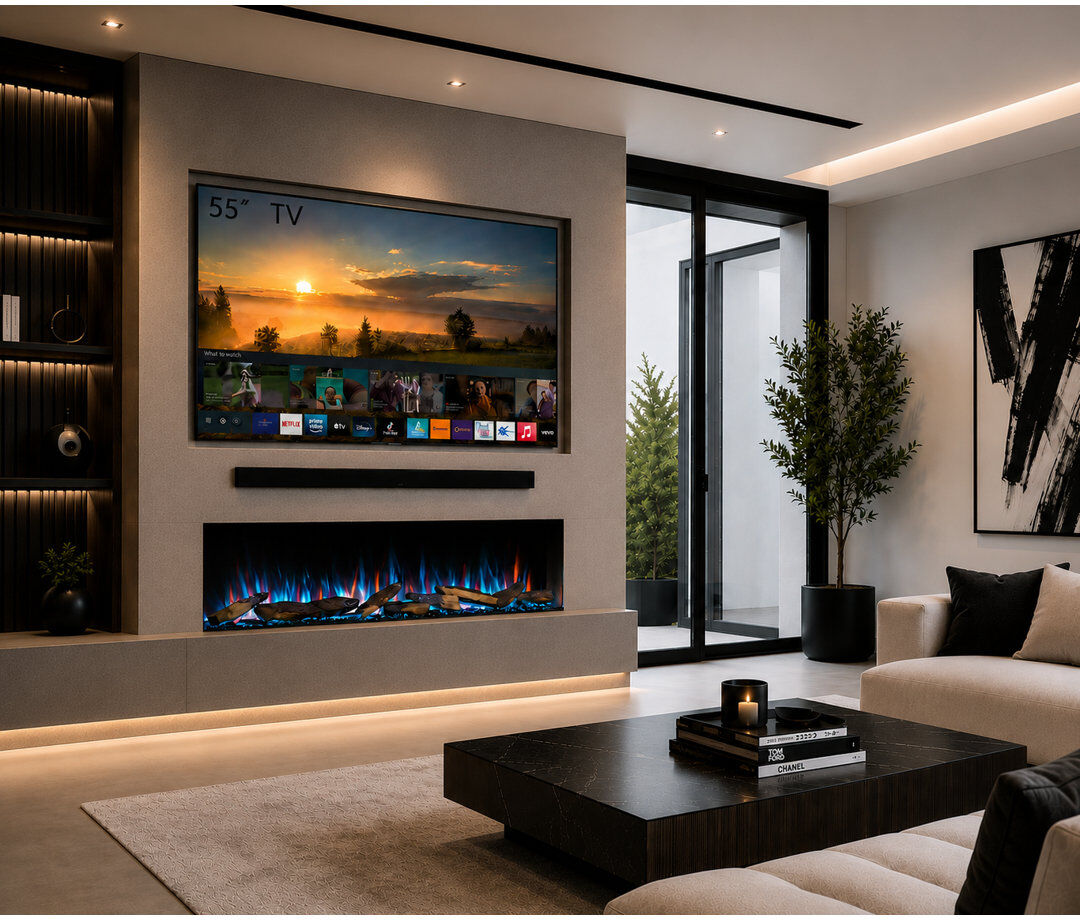 FLAMME 3 Sided Media Wall Electric Fire, Knighton Black Black 49.5 cm H x 130 cm W x 21 cm D