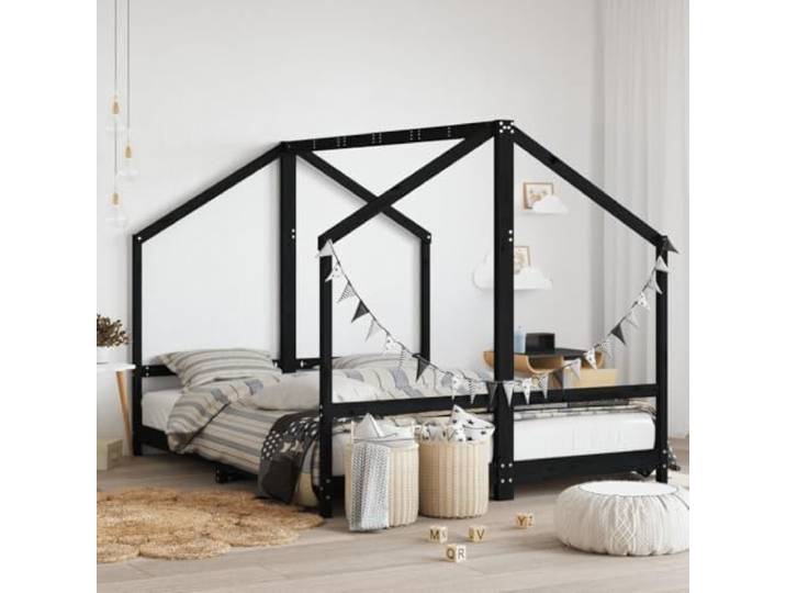 WXGTBKPR Kinderbett 80x200 cm aus Kiefernholz, massives Holzbett für Kinder, stabiles Einzelbett, schwarz