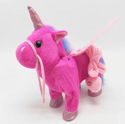 Discount Dollar Deals Electric Funny Plush Toy, Singing Music Walk Magic Unicorn Animal, Horse Toys For Children, Girls, Fantasy Gift For Kids rose Red
