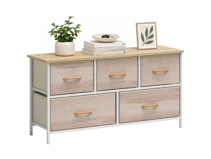 Commode à 5 tiroirs commode en tissu avec structure en métal et plateau en bois bois naturel et blanc