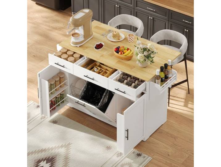 Île de cuisine mobile avec comptoir pliable Chariot de cuisine sur rouleaux avec 3 grands tiroirs 136 × 50 (75) × 92 cm