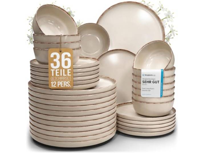 Steingut Geschirrset 12 Personen Rustic 36 tlg. TESTSIEGER, Hochwertiges Landhaussttil Steingut Geschirr Set, Schüssel- und Teller Set, Tafelservice 12 Personen, Geschirrsets Pure Living in Beige