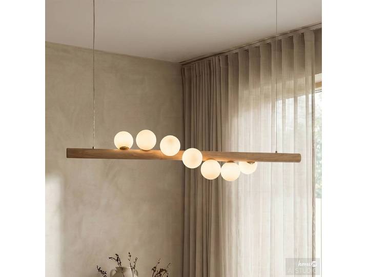 Pendelleuchte TORIN 120 x 150 x 24cm Braun/Weiß Gestell: Massivholz Kautschukbaum, geölt / Eisen, pulverbeschichtet Schirm: Opalglas Glühlampe