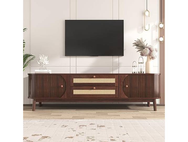 FammyLoft 170cm TV Lowboard mit Türen und Schubladen, TV Schrank Wohnzimmer mit Rattanseiten, Natürlicher Landhausstil Fernsehschrank, TV Board für Schlaf- und Wohnzimmerschrank, Holzfarbe