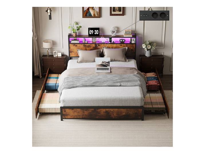 VINGLI Bettgestell mit Steckdose, Bodenbett mit Beleuchtung (160x200cm), mit 4 geräumigen Schubladen