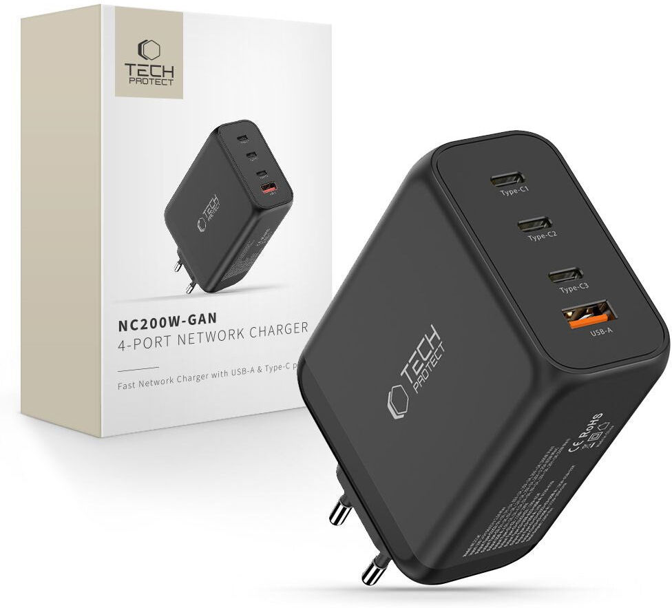 Tech-Protect Vægoplader m. 3x USB-C / 1x USB-A - 200W - Sort