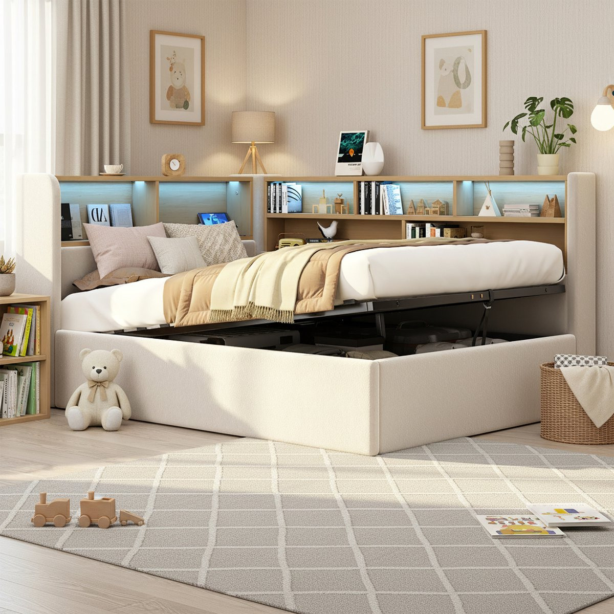 MODFU Bedframe Daybed met hydraulische opslag, LED-verlichting en USB-poort, Beige fluweel, 90x200 cm