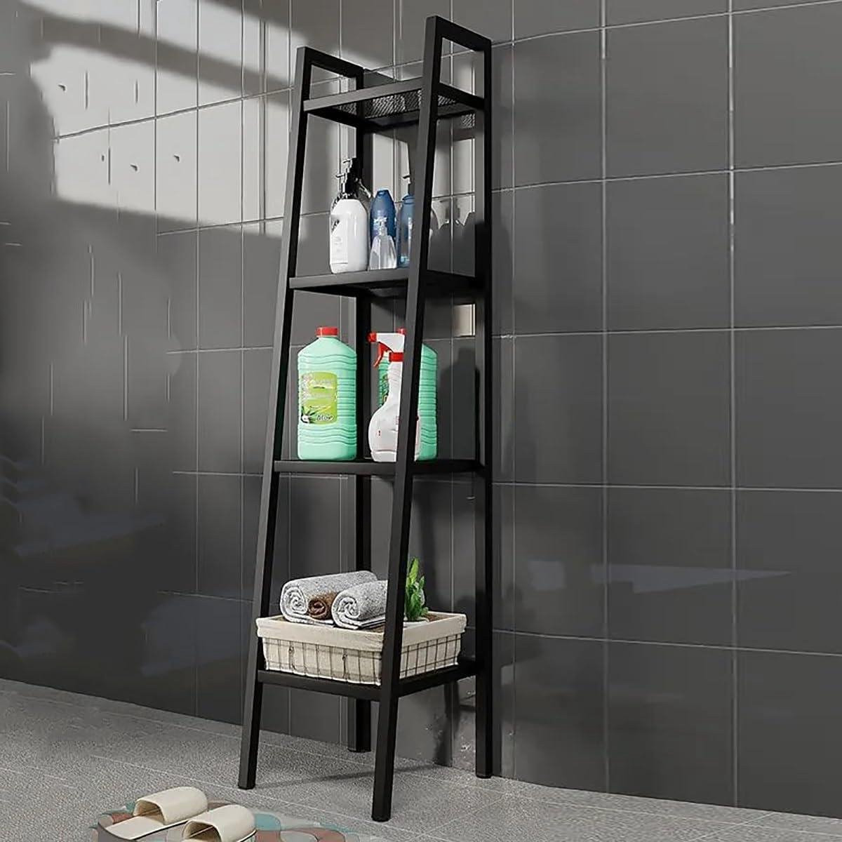 Zwarte metalen ladder boekenplank met vrijstaand ontwerp voor de woonkamer, keuken of badkamer, H 150 cm