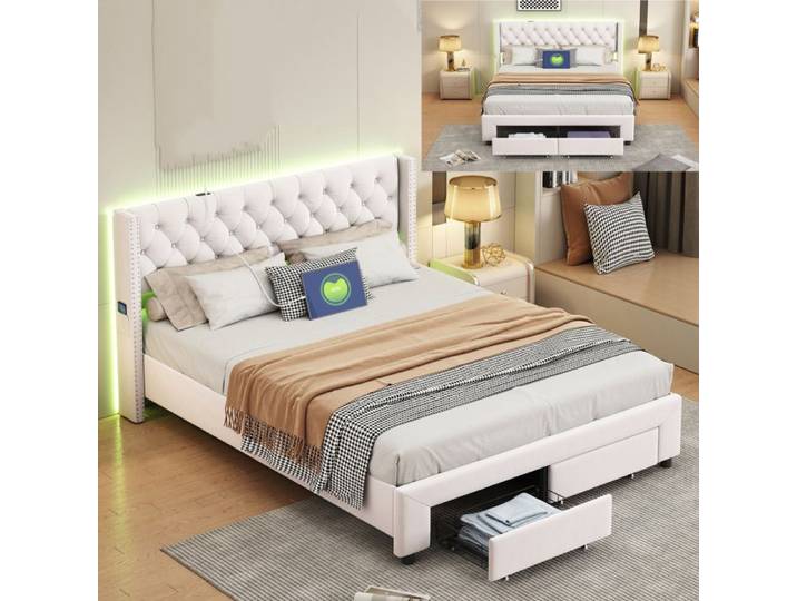 Lit 160x200 cm - LED - tissu en Velours - cadre de lit adulte - lit adulte 160x200 cm - 160x200 cm - Beige