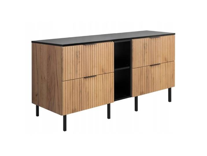 Meuble sous Lavabo sur pieds 2x60 cm FLOW - Façades rainurées - avec plan de travail étagère - Chêne/Noir - 140x46x73 6 cm