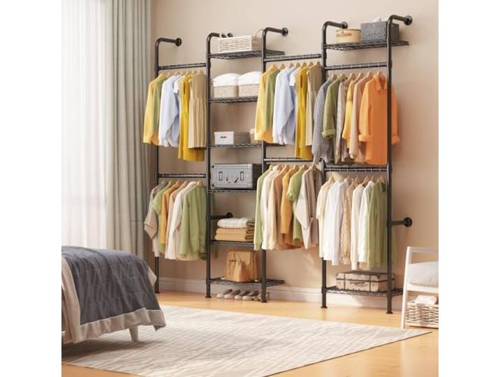 GARVEETECH Kleiderschrank-System Wandmontage, 4-reihig, 8 Ablagen, Schwarz Maximale Kapazität; 453kg Traglast; Begehbarer Kleiderschrank; Modulares System; Extrem Robust & Langlebig.