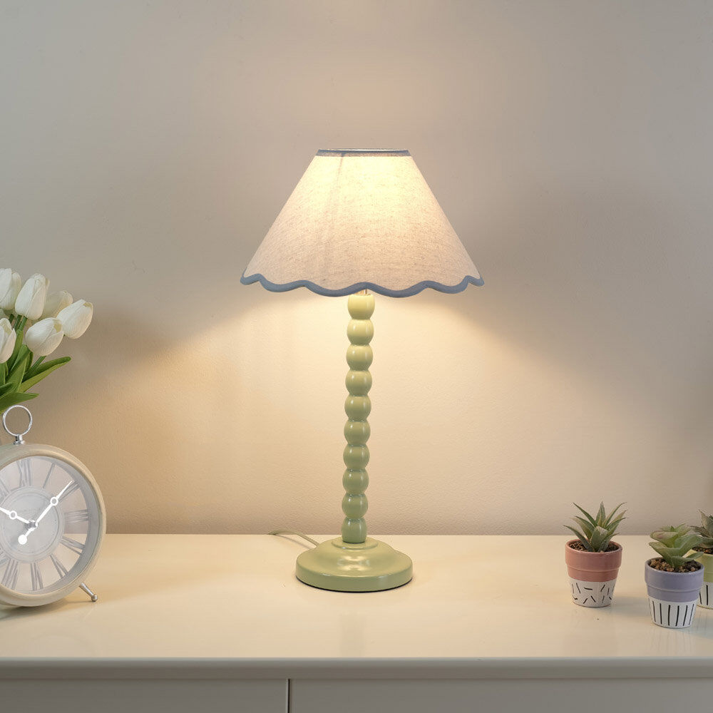 World Menagerie Nephi Bobbins Painted Table Lamp with Tapered Natural Linen Trim Scallop Shade Natural Linen with Blue Trim/Green 44cm H X 16.5cm W X 45.5cm D
