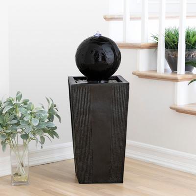 Alpine Corporation GIL786 33"" Black Outdoor Modern Sphere Pedestal Water Fountain with LED Lights"