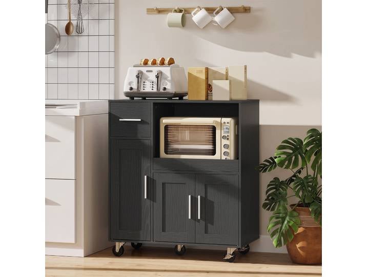 HOMCOM Meuble Micro-ondes Bois Noir 80x40x88.7cm Tiroir Etagère