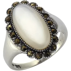 Zeeme Gemstones Ring Silber 925 oxydiert mit weißem Perlmutt und 18 Markasit-Steinen