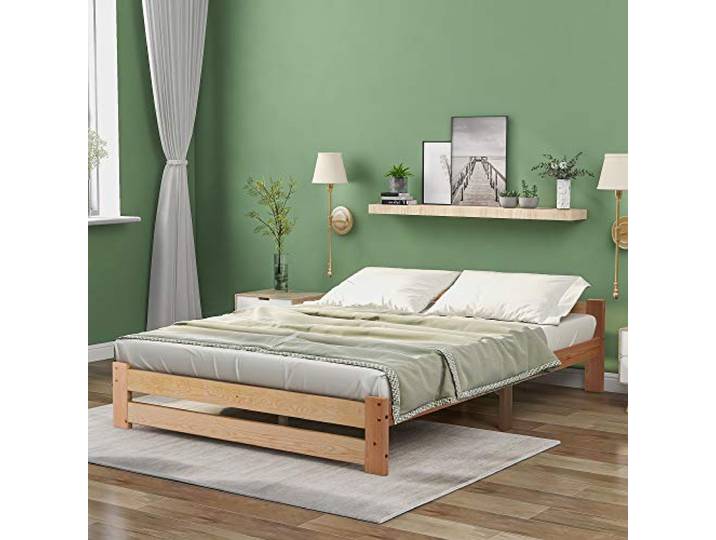 Merax Solide Massivholzbett Futonbett Massivholz Natur Bett aus mit Kopfteil und Lattenrost, Natur (200x140cm)