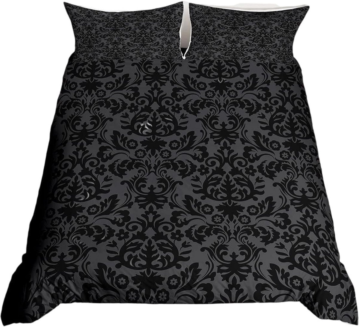 Luxe Damast Dekbedovertrek Set Grijs Zwart met Bloemen in Vintage Stijl