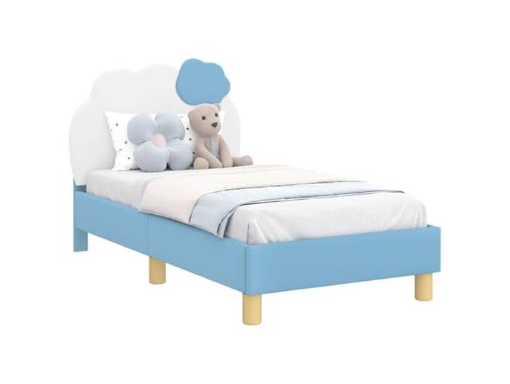 PUGYNBK Bettgestell für Kleinkinder mit blauem Kopfteil aus PU-Kunststoff Lattenrost im Lieferumfang enthalten, Holz, niedriges Design, einfache Montage, moderner Stil