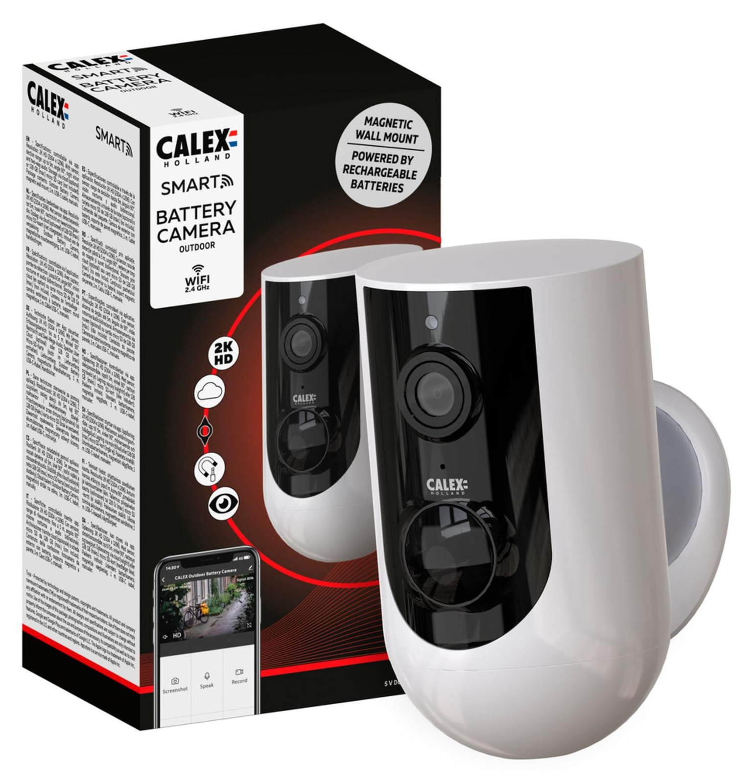 Calex Smart accucamera 2K met bewegingsdetectie en WiFi, wit