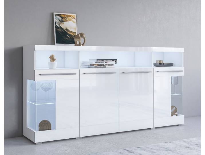 Sideboard GOODPRODUCT India,Breite 182cm, stilvolle Kommode mit Glastüren , weiss (weiß, weiß hgl), B:182cm H:92cm T:38,5cm, Sideboards, Sideboard, Kombikommode viel Stauraum, Einlegeböden verstellbar,ohne Beleuchtung